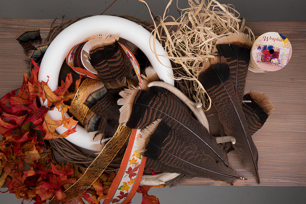 turkey feathers, straw, and other wreath building materials