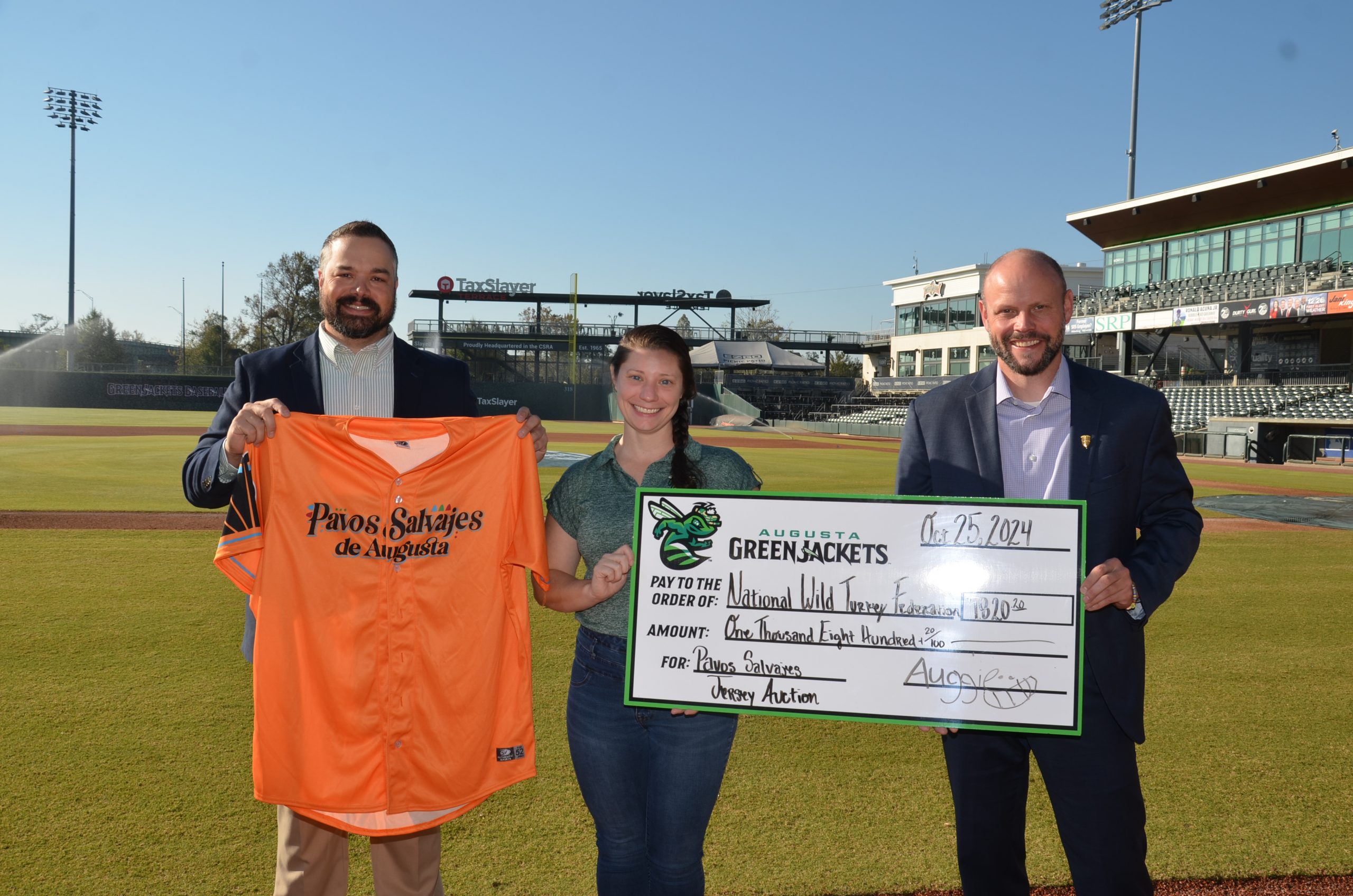 NWTF leadership joins the August GreenJackets staff for a check presentation at SRP Park in North Augusta, South Carolina